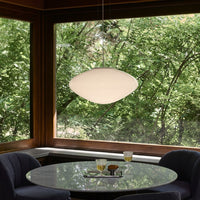 White pendant light with an oval design, highlighting natural greenery and soft wood tones in a cozy dining setting.