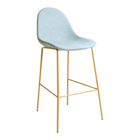 Light blue upholstered bar stool with sleek gold metal legs, creating a modern and stylish look.