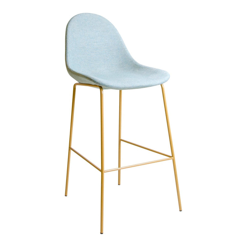 Light blue upholstered bar stool with sleek gold metal legs, creating a modern and stylish look.