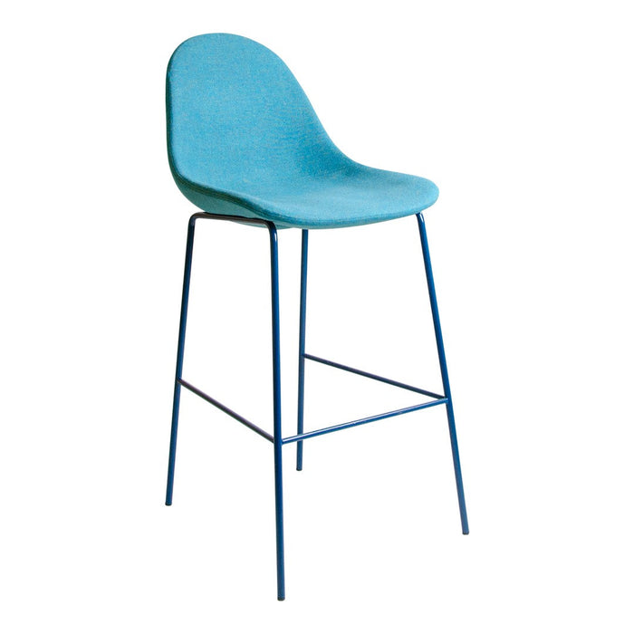 Turquoise upholstered bar stool with a sleek blue metal base, featuring a modern, minimalist design.