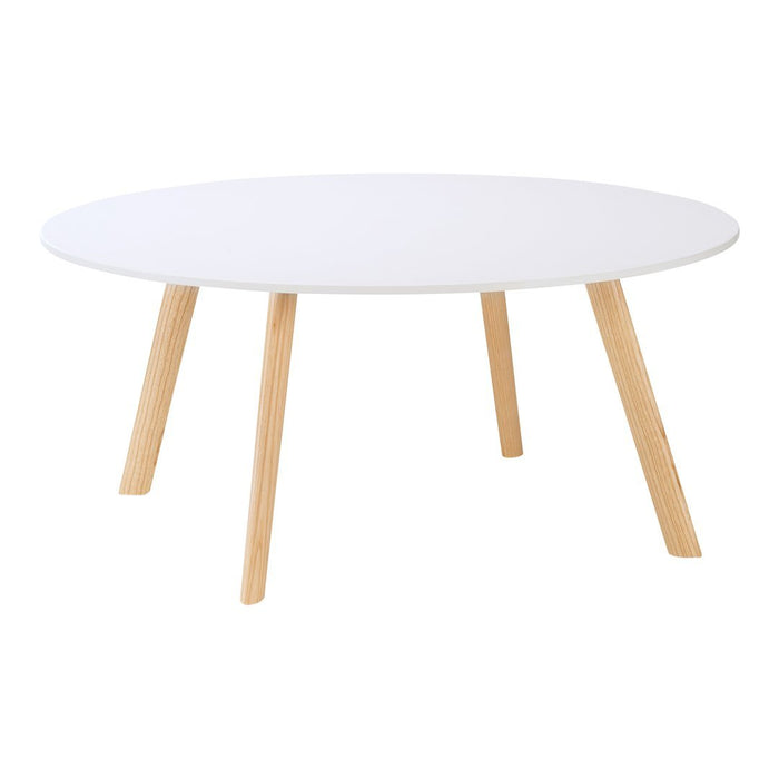 Round white tabletop with natural wood legs, minimalistic design perfect for modern decor.