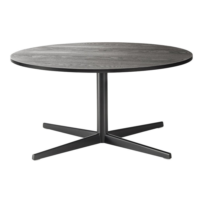 Round table with a sleek dark wood finish and a black metal base, featuring a modern, minimalist design.