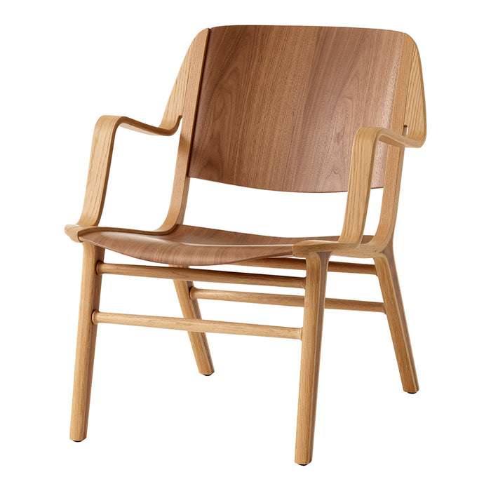 Light wood and walnut-colored chair with a sleek, modern design and smooth finishes. Perfect for minimalist decor.