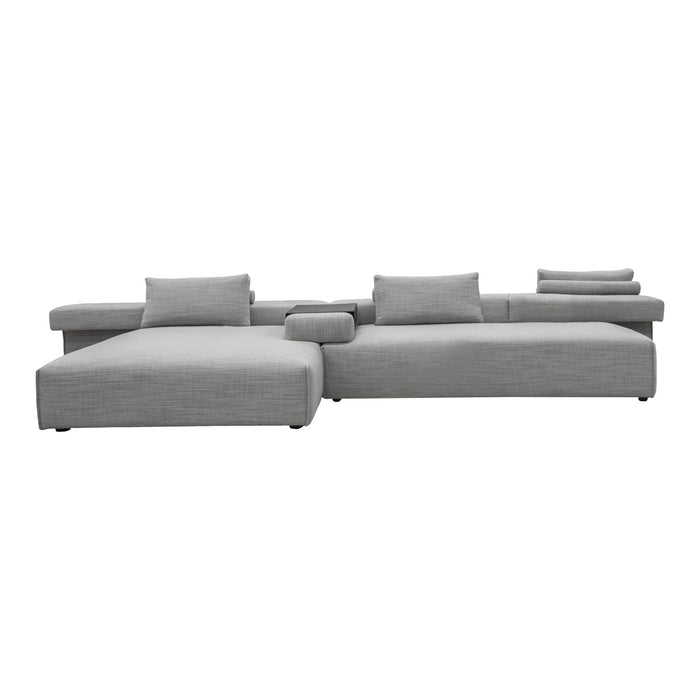 Stylish gray sectional sofa with a sleek, minimalistic design and soft fabric upholstery. Perfect for contemporary living spaces.