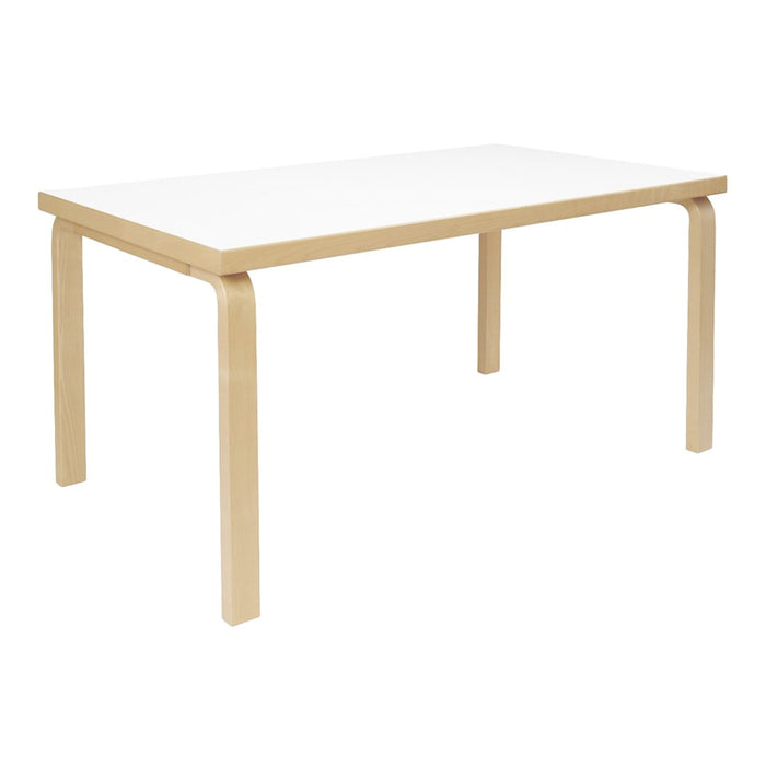 Modern white tabletop with natural wood legs, featuring a sleek and minimalist design. Perfect for any dining space.