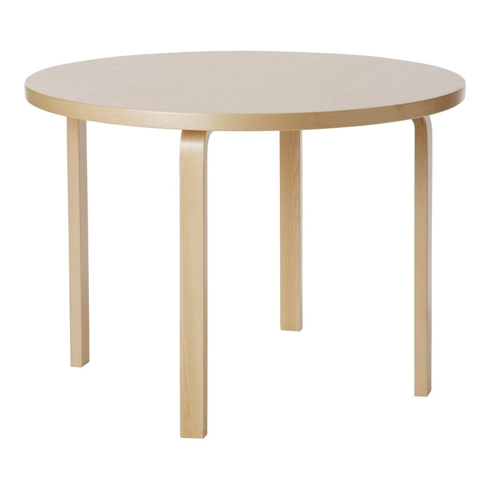 Round wooden table in a light natural finish with smooth, minimalist design and clean lines. Ideal for modern decor.