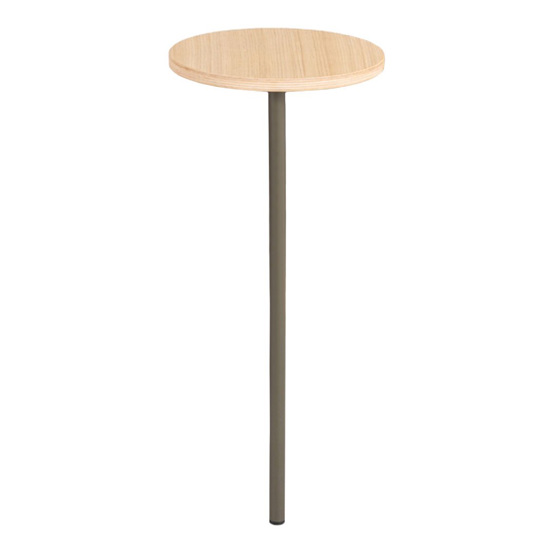 Natural wood round top with a sleek gray metal leg, featuring a minimalist design for modern decor.