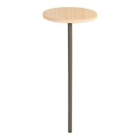 Natural wood round top with a sleek gray metal leg, featuring a minimalist design for modern decor.