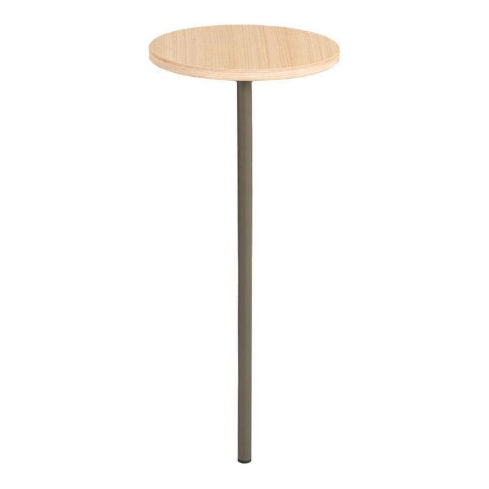 Natural wood round top with a sleek gray metal leg, featuring a minimalist design for modern decor.