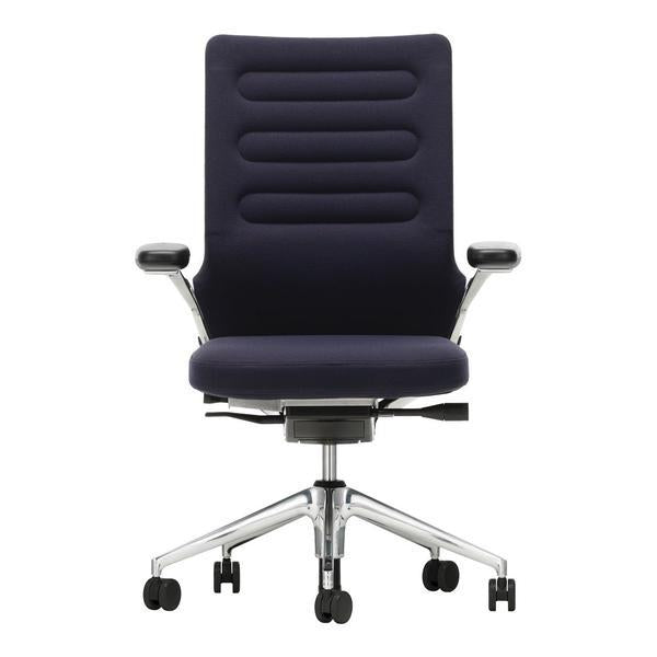 Navy blue ergonomic office chair with ribbed upholstery and chrome base, featuring a contemporary design.