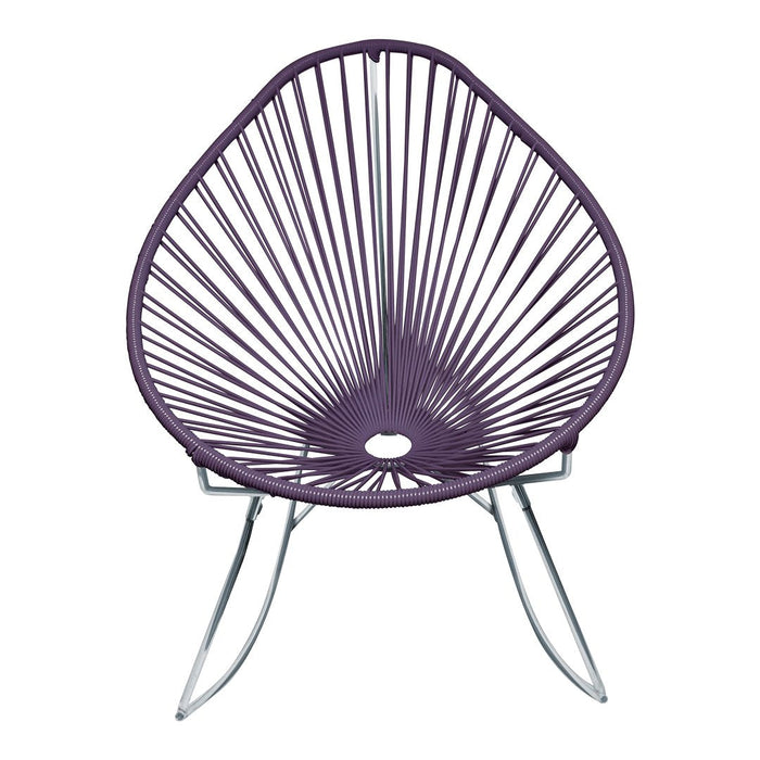 Purple Acapulco chair with a unique spiral pattern, featuring sleek silver legs for modern elegance.