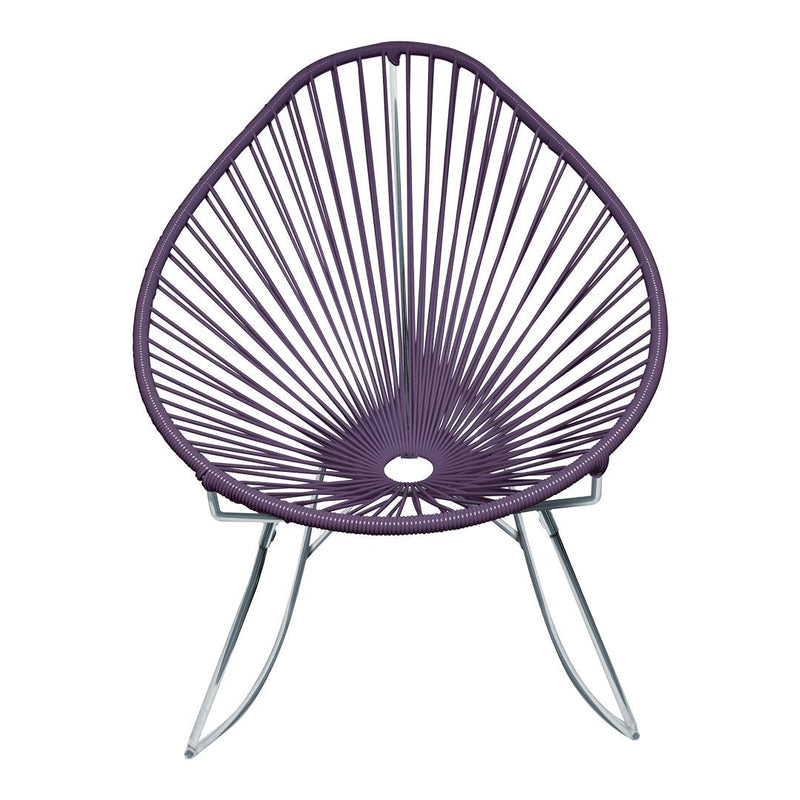 Purple Acapulco chair with a unique spiral pattern, featuring sleek silver legs for modern elegance.