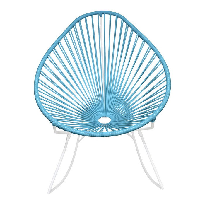 Vibrant turquoise Acapulco chair with a sunburst pattern and sleek white metal legs. Perfect for modern decor.