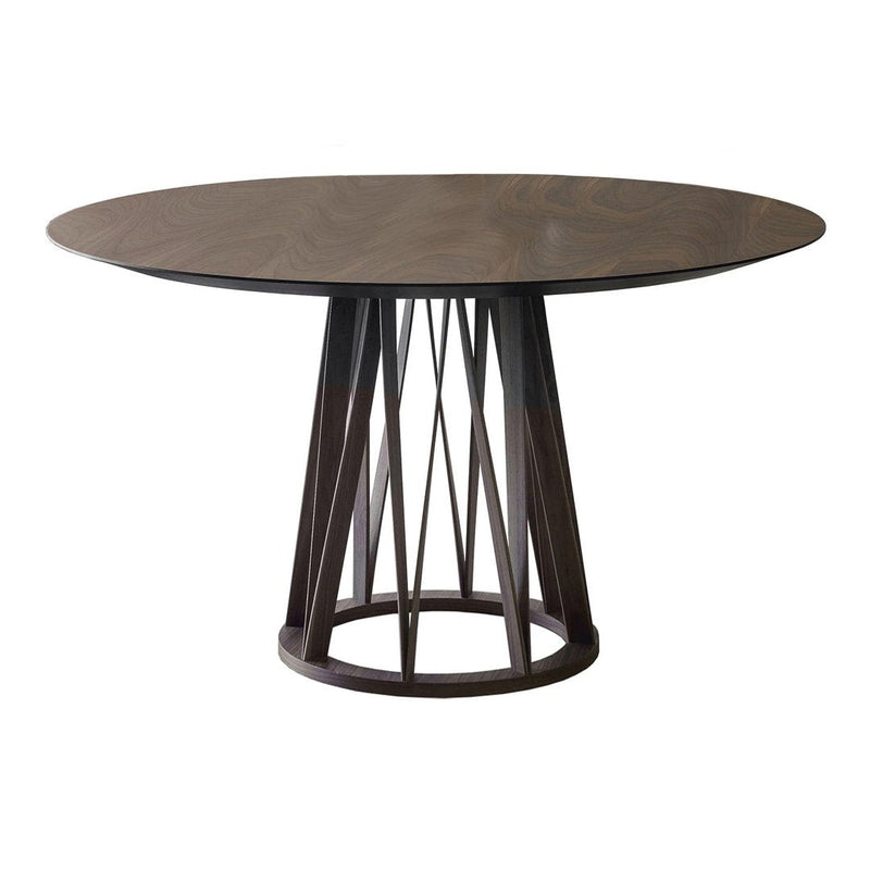 Round dark wood dining table with a sleek geometric base in a rich brown finish, showcasing modern design aesthetics.