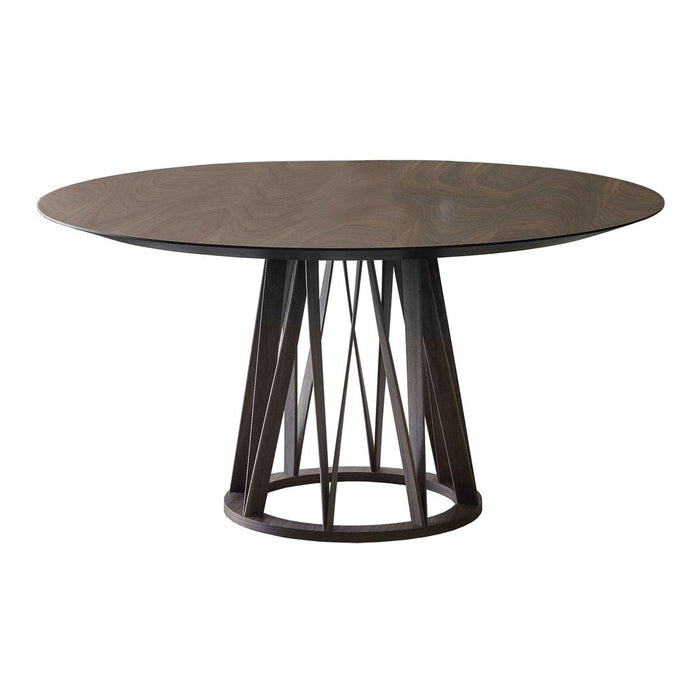 Round wooden table with a dark brown finish and geometric metal base, featuring a sleek, modern design.