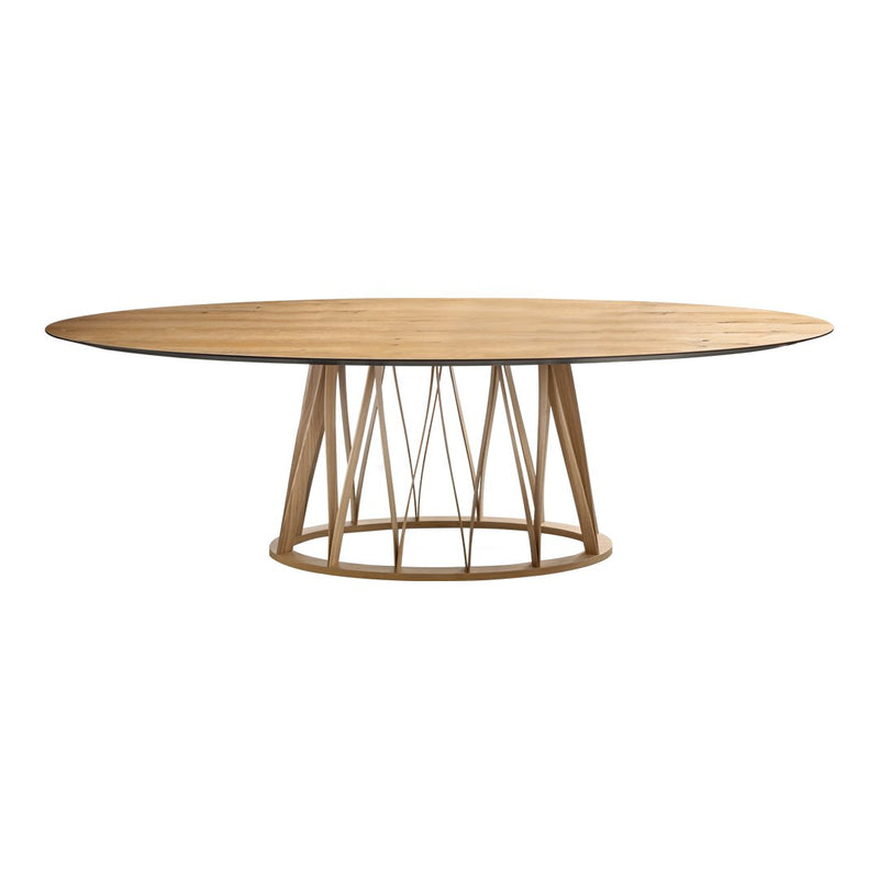 Natural wood oval dining table with a light finish and geometric base pattern in warm tones. Modern and stylish design.