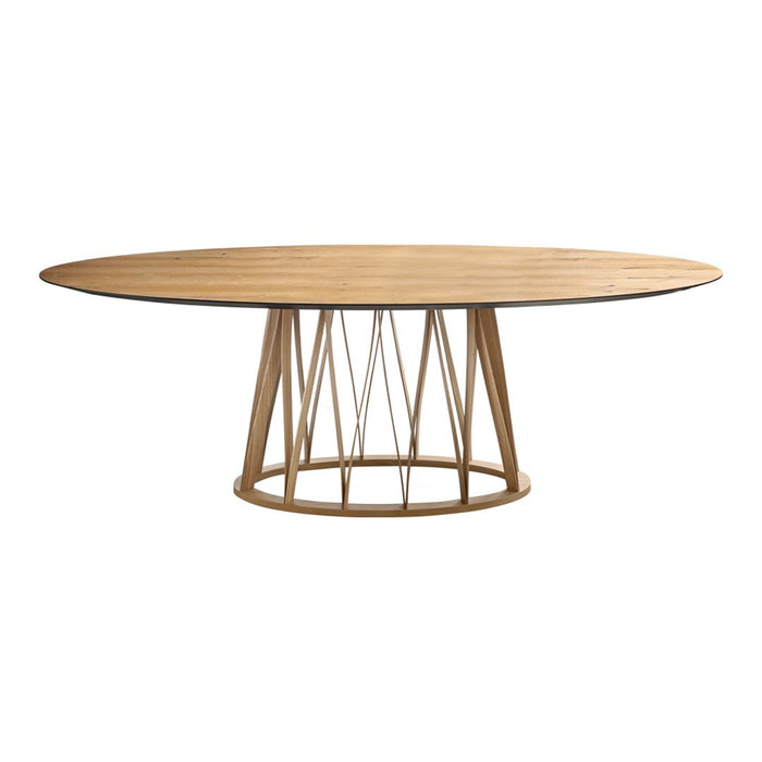 Natural wood oval dining table with a sleek, minimalist design and unique geometric base pattern.