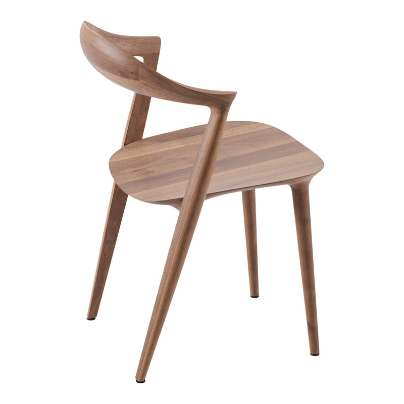 Stylish brown wooden chair featuring a smooth finish and sleek modern design.