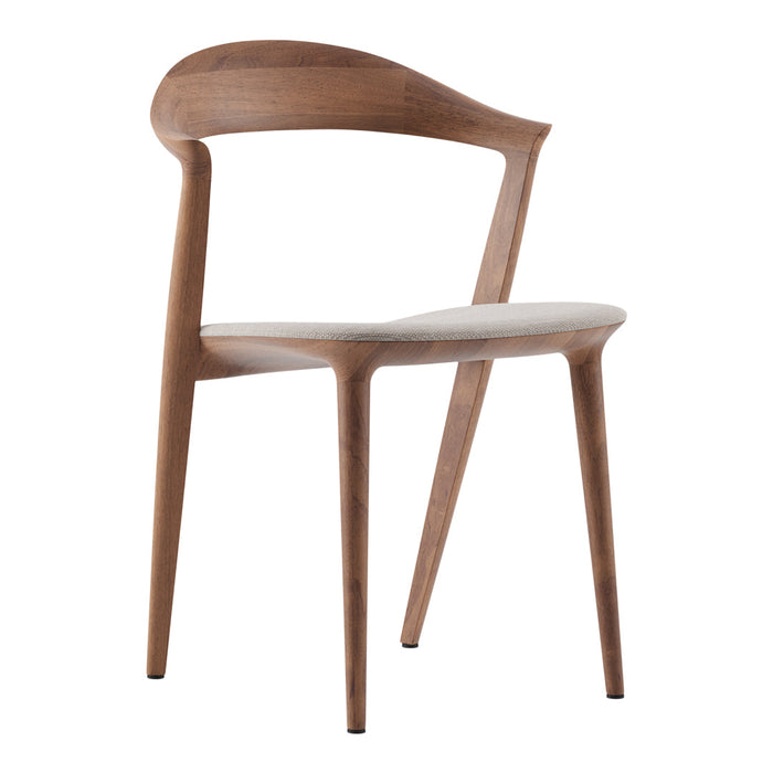Wooden chair with a smooth walnut finish and a light fabric seat, featuring a minimalist design and elegant curves.