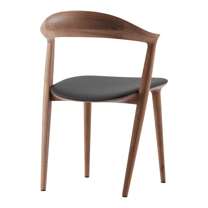 Stylish wooden chair with a rich walnut finish and sleek black seat, featuring clean lines and modern design.
