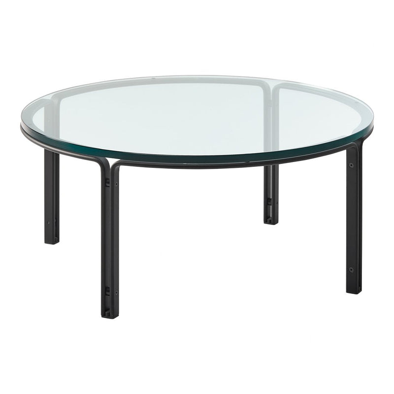 Round glass coffee table with a clear top and sleek black metal legs, featuring a minimalist design.