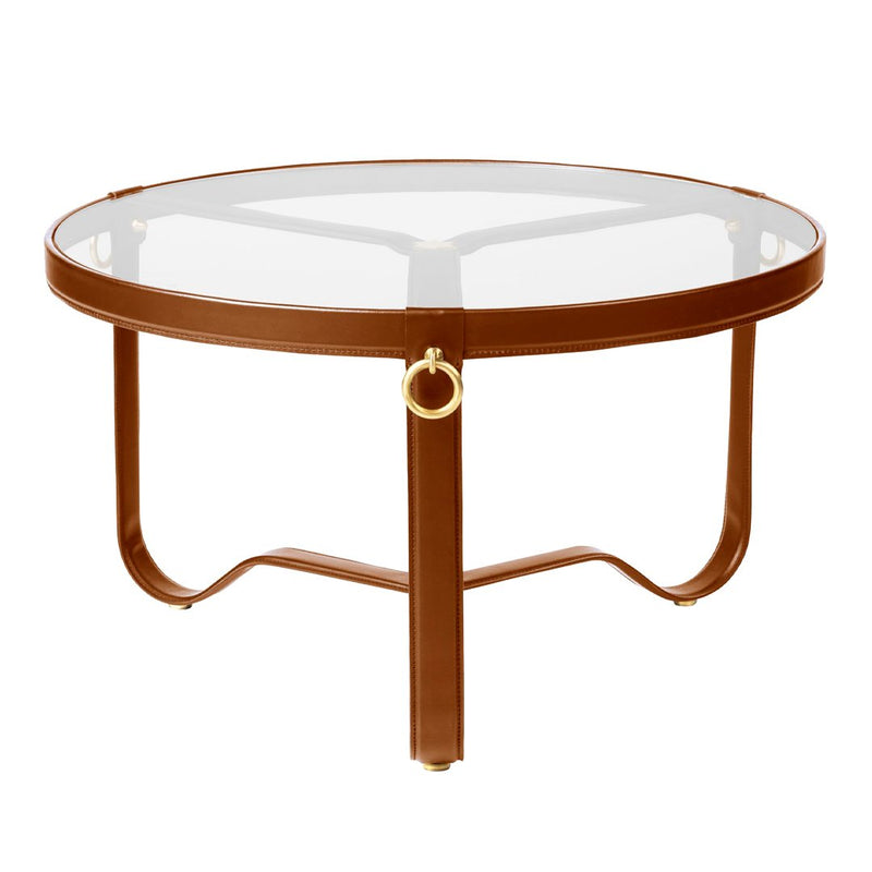 Round glass coffee table with a sleek brown metal base and elegant gold accents. Modern and stylish design.