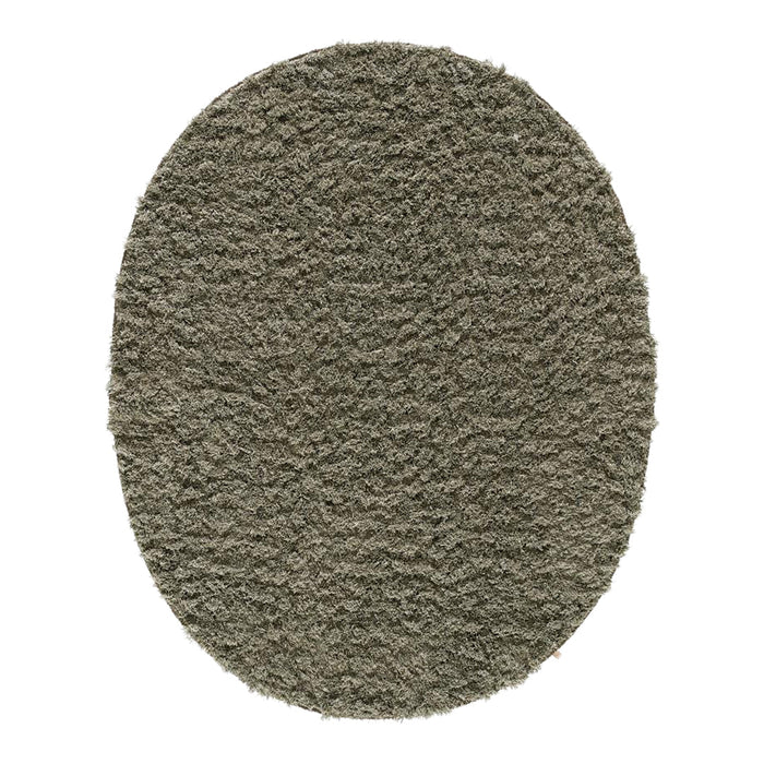 Soft, oval-shaped rug in a warm gray hue with textured, fluffy patterns for added comfort and style.