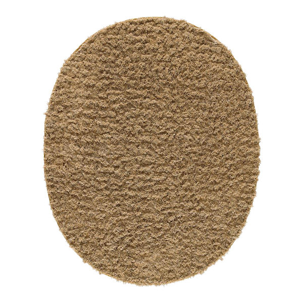 Soft, textured oval rug in warm beige tone, featuring a cozy, plush shag pattern for enhanced comfort.