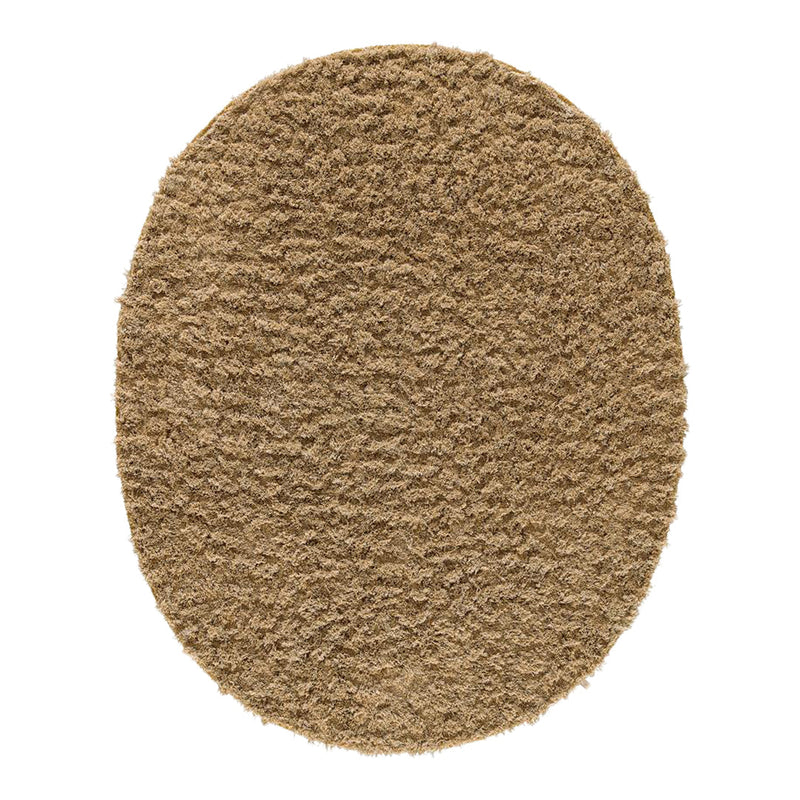 Soft, textured oval rug in warm beige tone, featuring a cozy, plush shag pattern for enhanced comfort.
