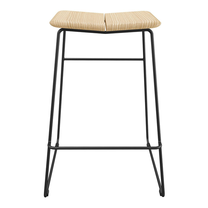 Modern bar stool with a natural woven seat and sleek black metal frame, featuring a minimalist design.