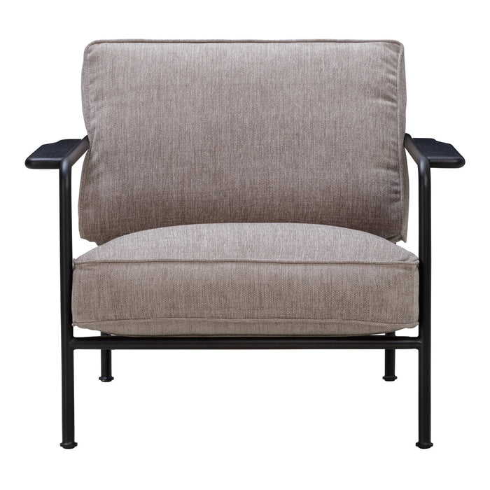 Gray textured fabric armchair with black metal frame, featuring a minimalist design and cozy cushions.