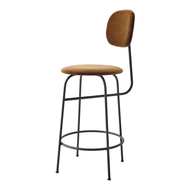 Brown upholstered bar stool with a sleek black metal frame and minimalist design. Perfect for modern interiors.