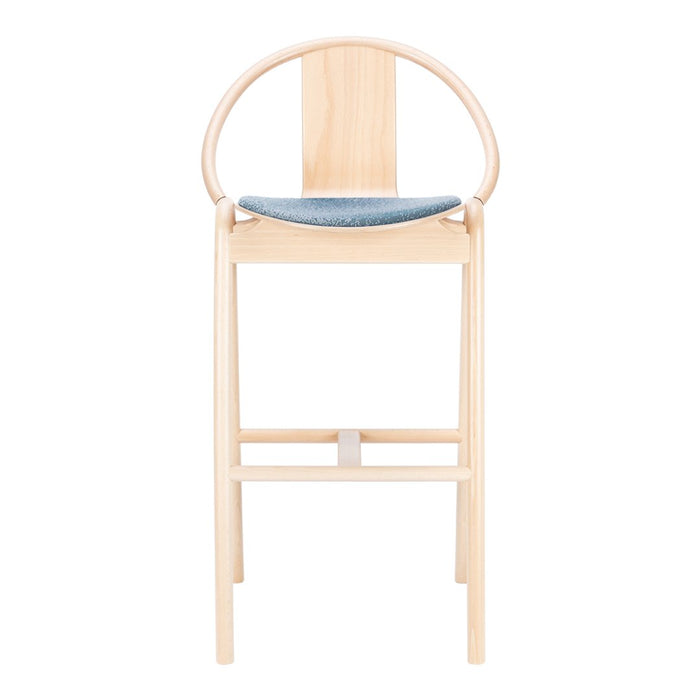Light wood bar stool with a round back and a blue upholstered seat, featuring a minimalistic design.
