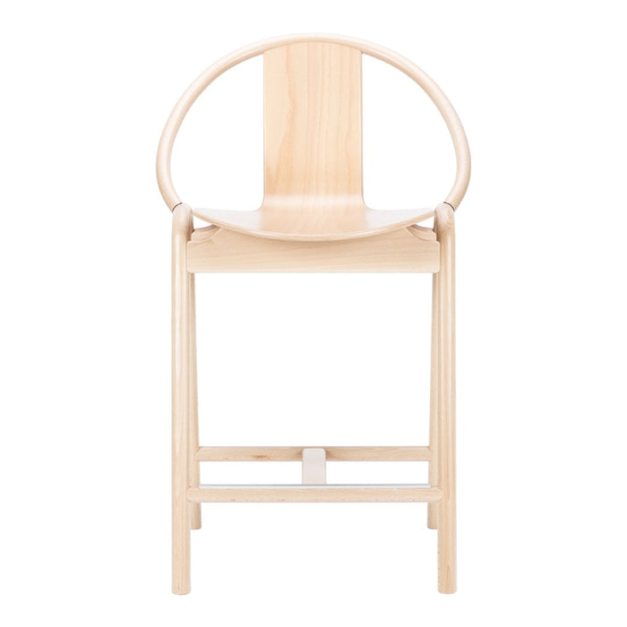 Natural wood chair with a minimalist design featuring smooth, light-colored wood and a circular backrest.