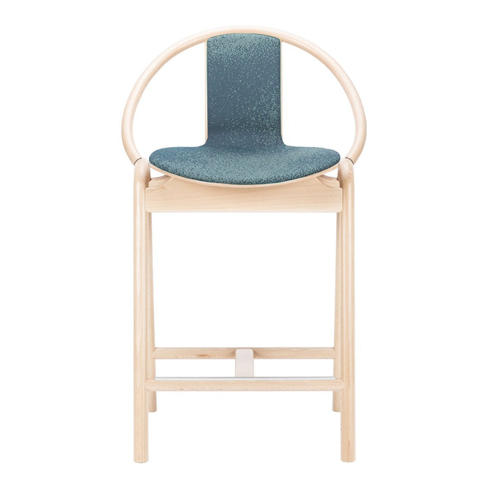 Light wood bar stool with a circular backrest and a textured teal seat cushion. Elegant, minimalist design.