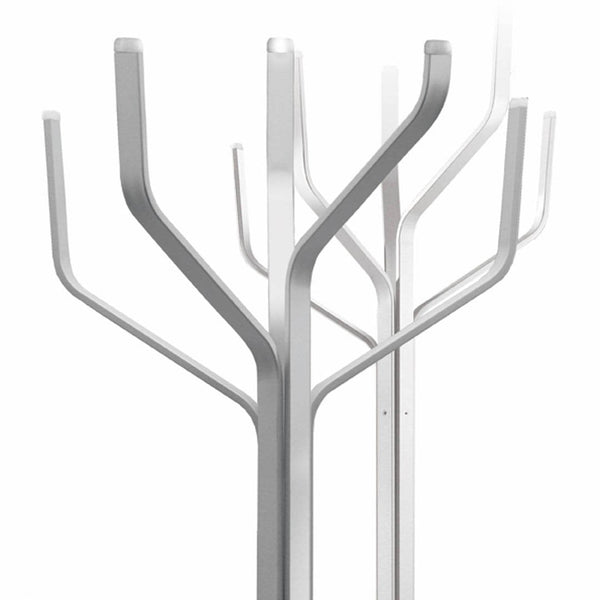 White modern coat rack with sleek, minimalist branches resembling a tree design, perfect for any contemporary space.