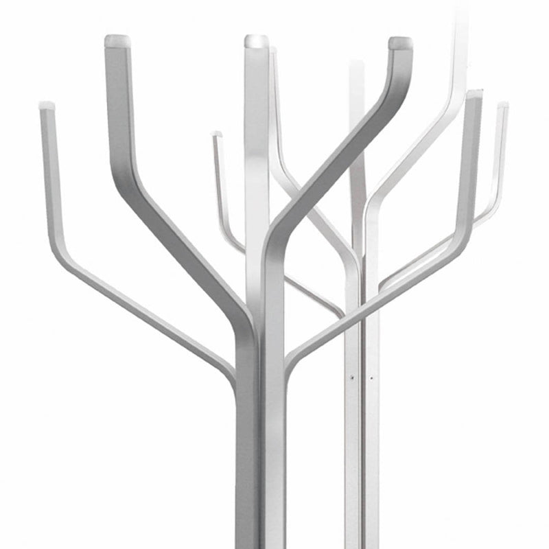 White modern coat rack with sleek, minimalist branches resembling a tree design, perfect for any contemporary space.