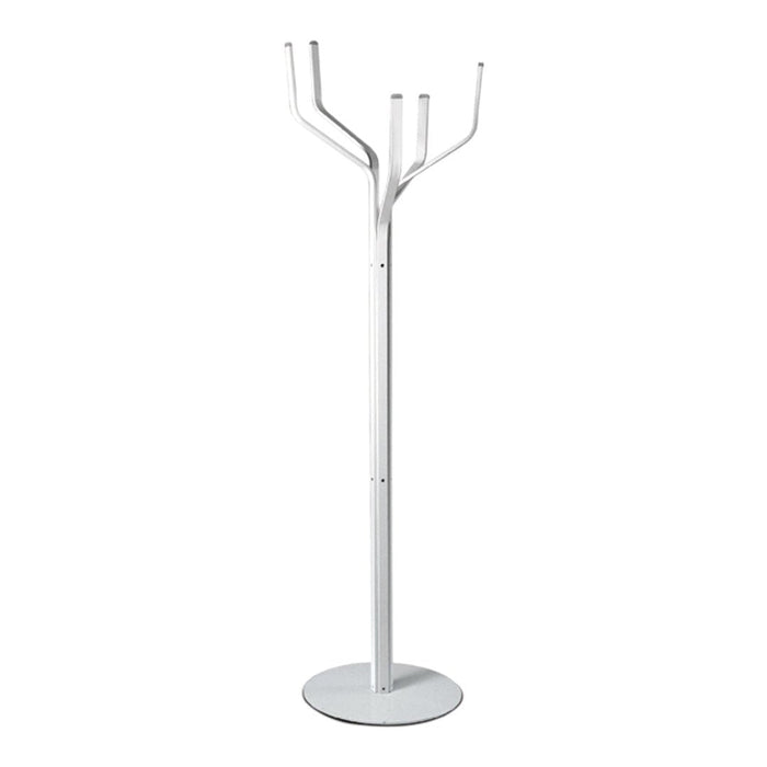 White modern coat stand with a sleek, minimalist design featuring three branches and a round base.