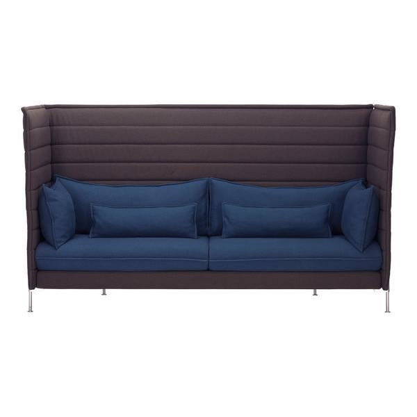 Dark brown upholstered sofa with blue cushions and a modern ribbed pattern, perfect for contemporary interiors.