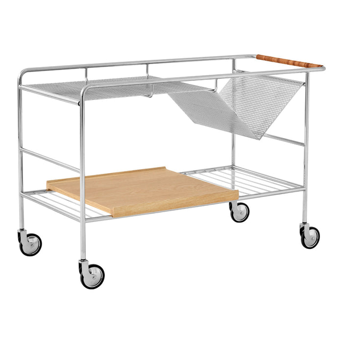 Silver metal cart with wooden accents and a mix of mesh and solid surfaces. Modern design with minimalistic patterns.