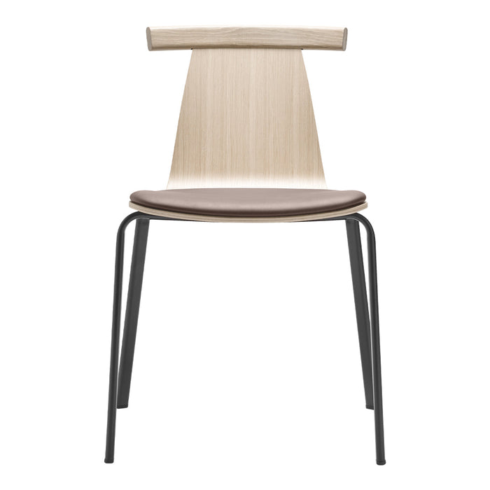 Light wood chair with a smooth beige seat and sleek black metal legs, showcasing a minimalist design.