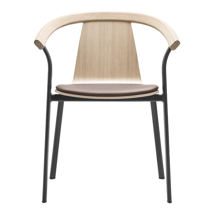 Light wood and brown leather chair with black metal frame, featuring a minimalist design and curved backrest.