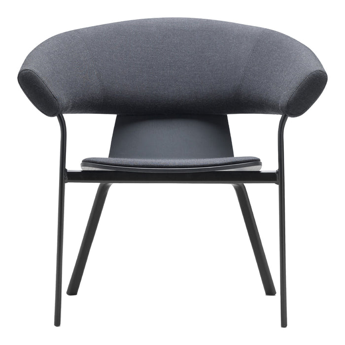 Stylish dark gray upholstered chair with a sleek black metal frame and smooth, minimalist design.