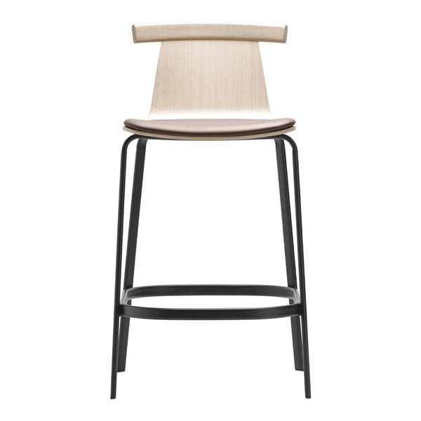 Wood and black metal bar stool featuring a sleek, minimalist design with smooth light wood tones and a contrasting dark frame.