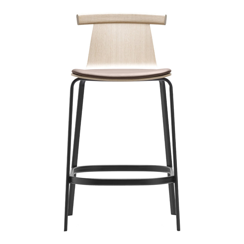 Wood and black metal bar stool featuring a sleek, minimalist design with smooth light wood tones and a contrasting dark frame.