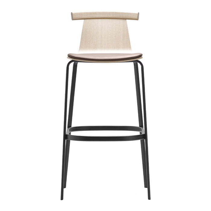Natural wood bar stool with a light beige seat and black metal legs, featuring a sleek, modern design.
