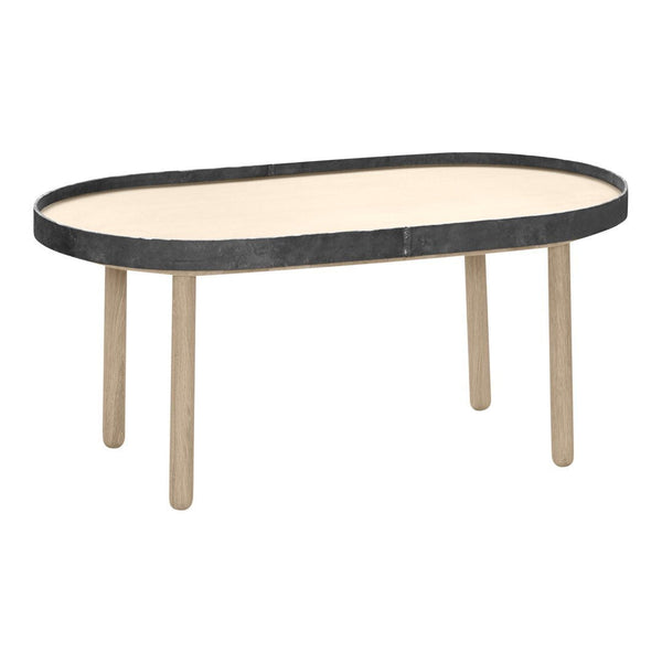 Oval coffee table with a sleek black rim and natural wood legs, featuring a smooth beige tabletop.