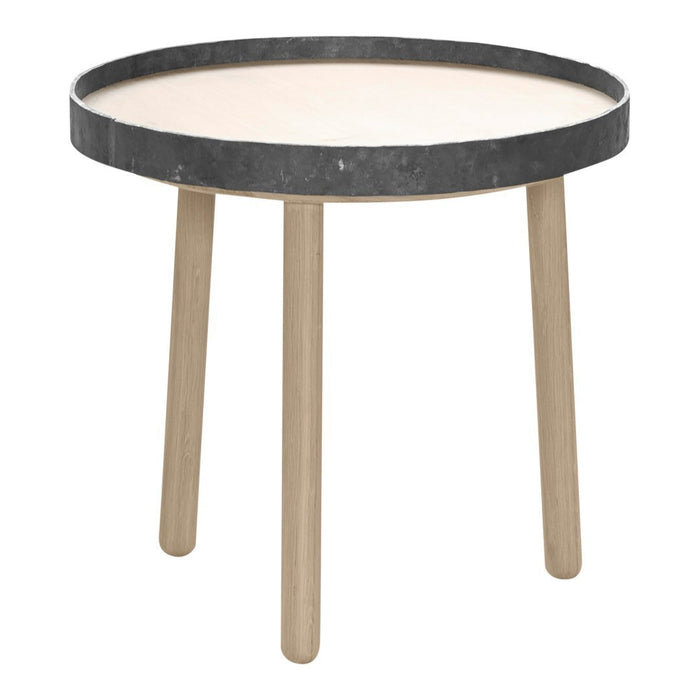 Round side table with a black stone top and natural wood legs, featuring a minimalist design and soft color contrast.