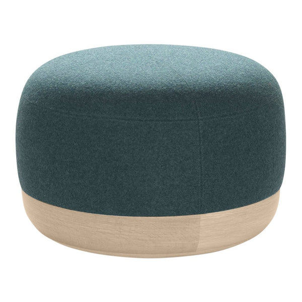 Teal round pouf with a light wood base, featuring a textured fabric surface for a modern, stylish accent.