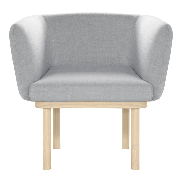 Light gray upholstered armchair with smooth fabric and natural wooden legs. Modern, minimalist design.